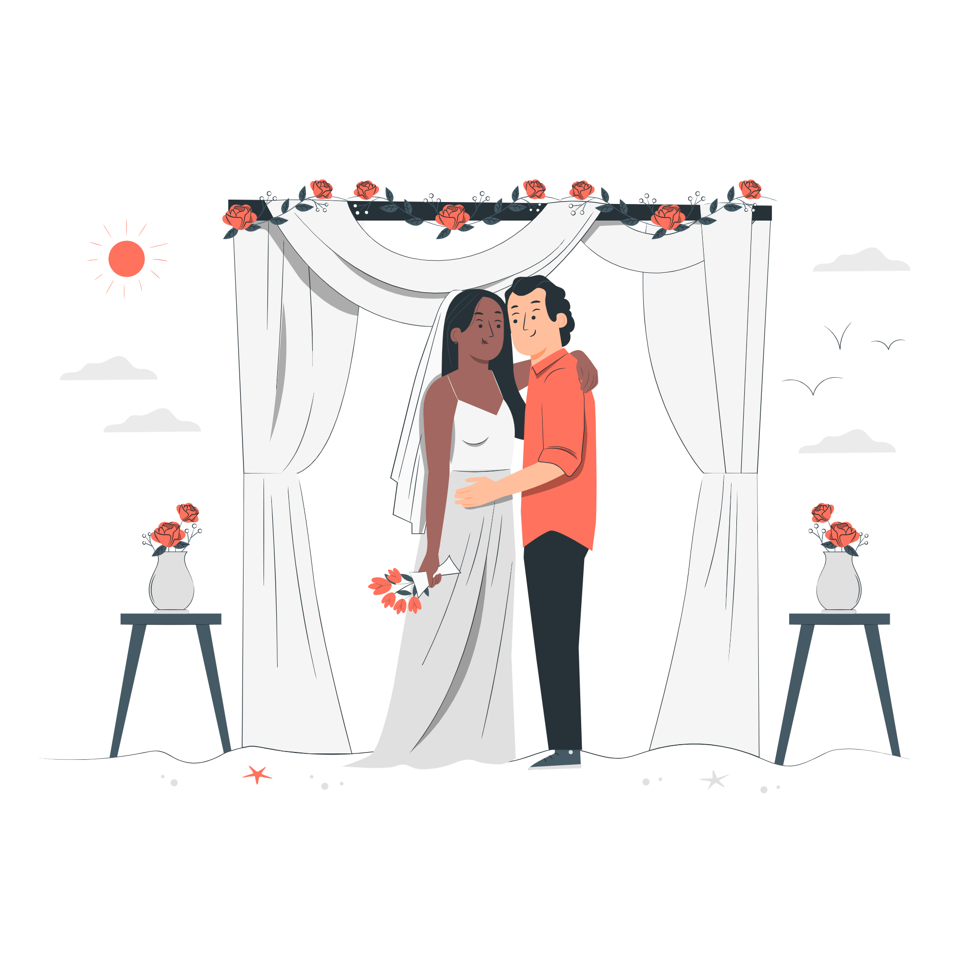 Illustration of wedding cake with floral decoration in warm orange